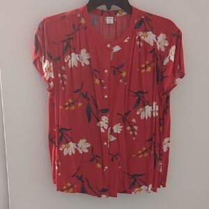 Old Navy Red Floral Flutter Sleeve Blouse with Mandarin Collar